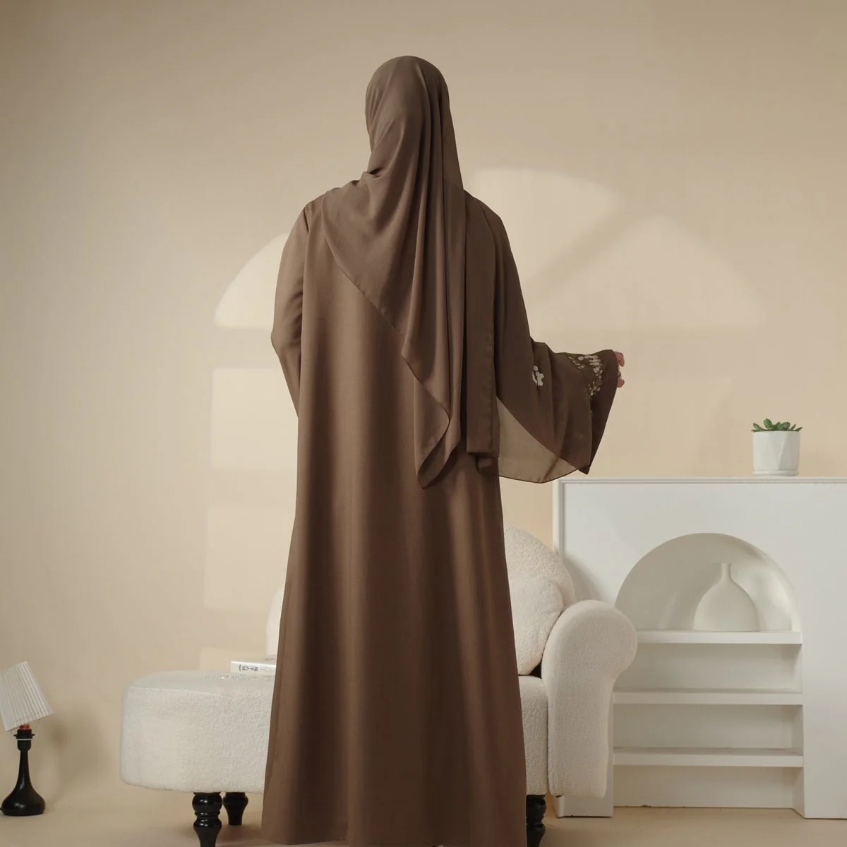 Olive Branch Embroidered Linen Abaya Set With Matching Belt & Hijab (MOA037) - Image 16