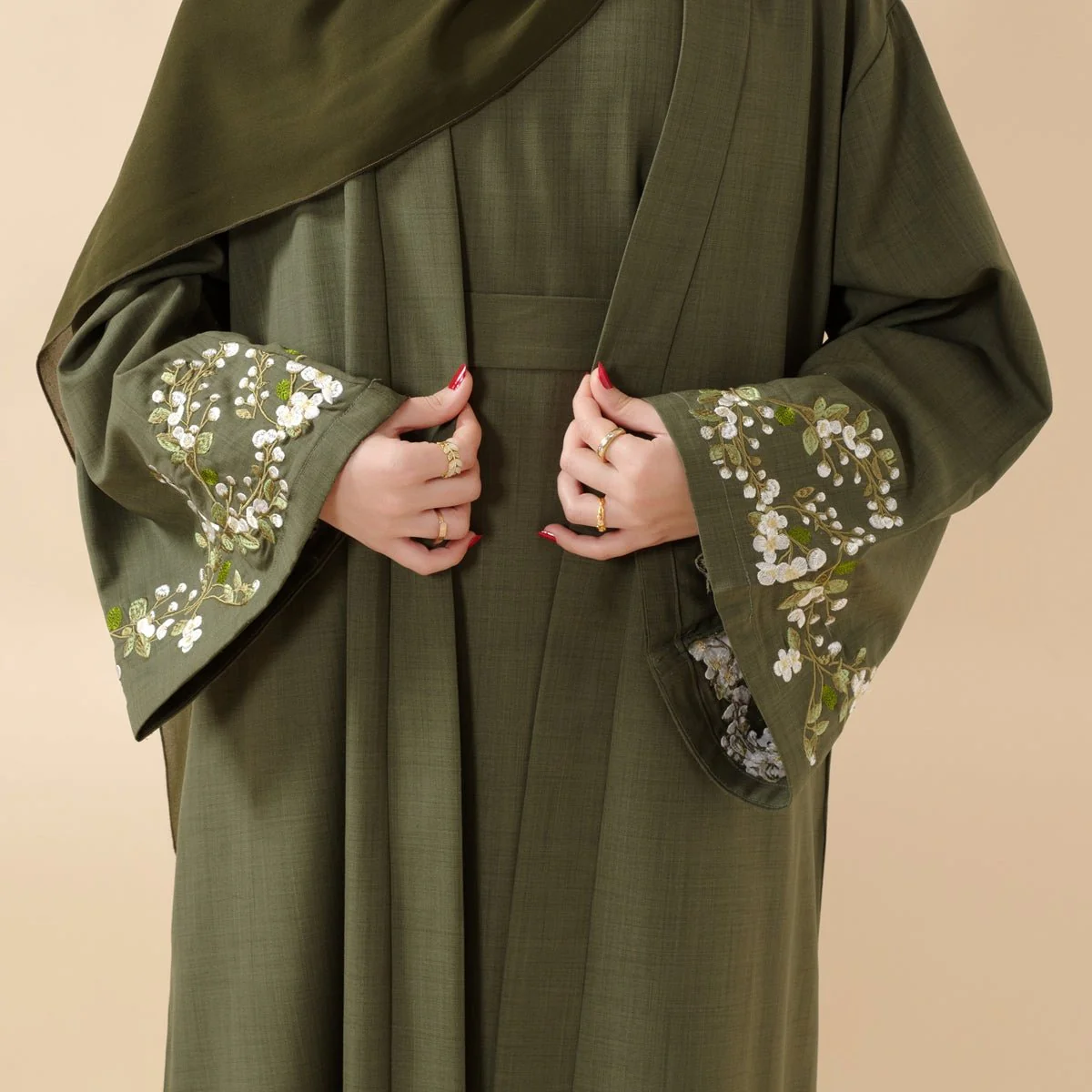 Olive Branch Embroidered Linen Abaya Set With Matching Belt & Hijab (MOA037) - Image 3