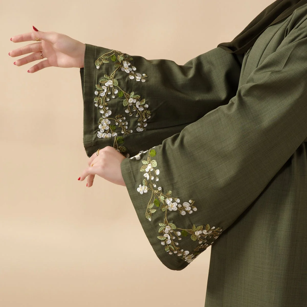 Olive Branch Embroidered Linen Abaya Set With Matching Belt & Hijab (MOA037) - Image 4
