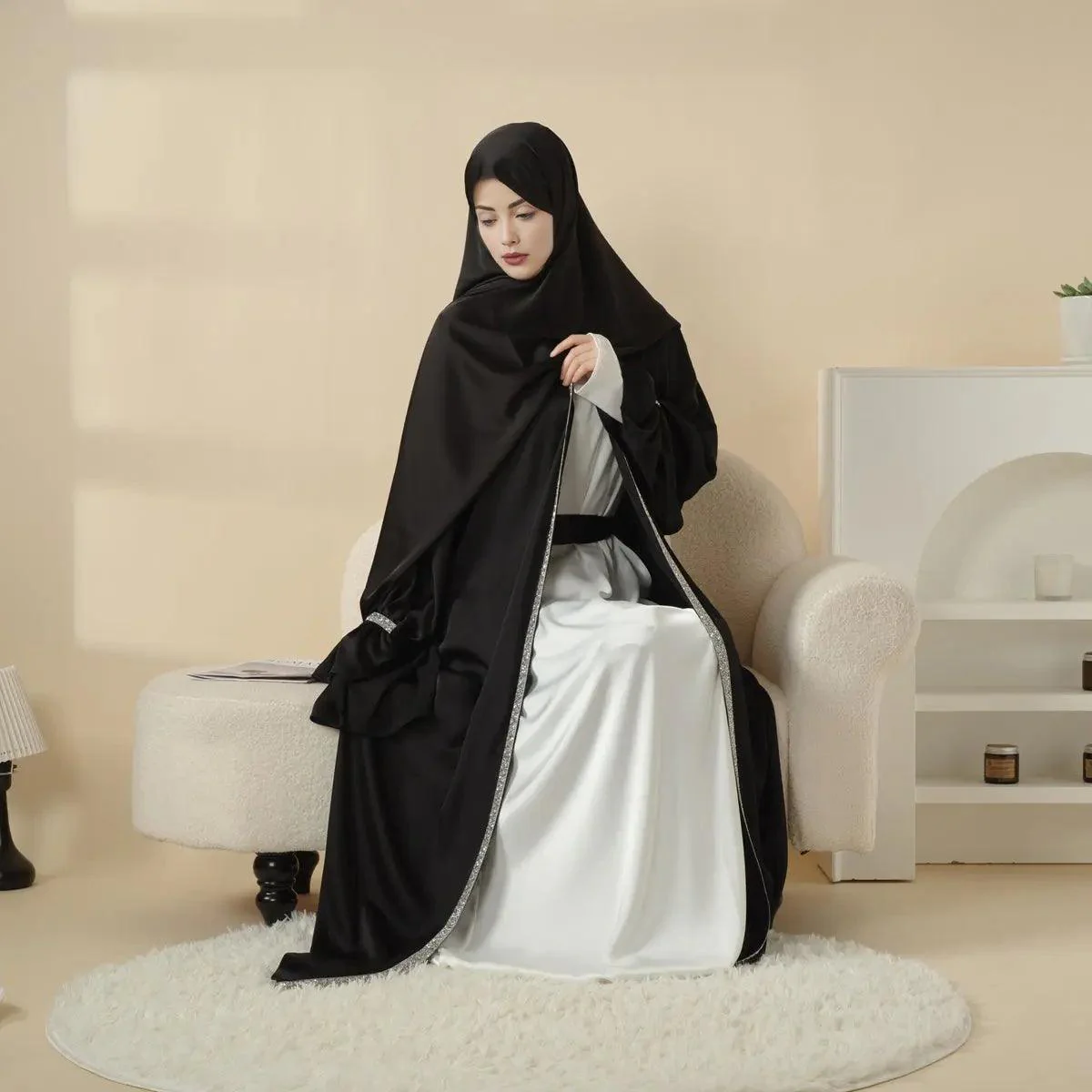 Poet Sleeve Satin Open Abaya With Matching Belt and Hijab (MOA009) - Image 10