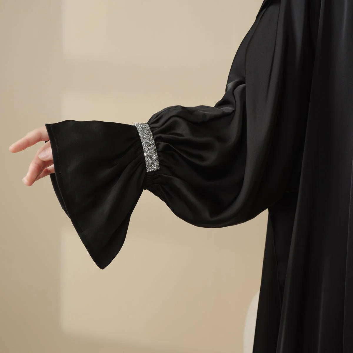 Poet Sleeve Satin Open Abaya With Matching Belt and Hijab (MOA009) - Image 12