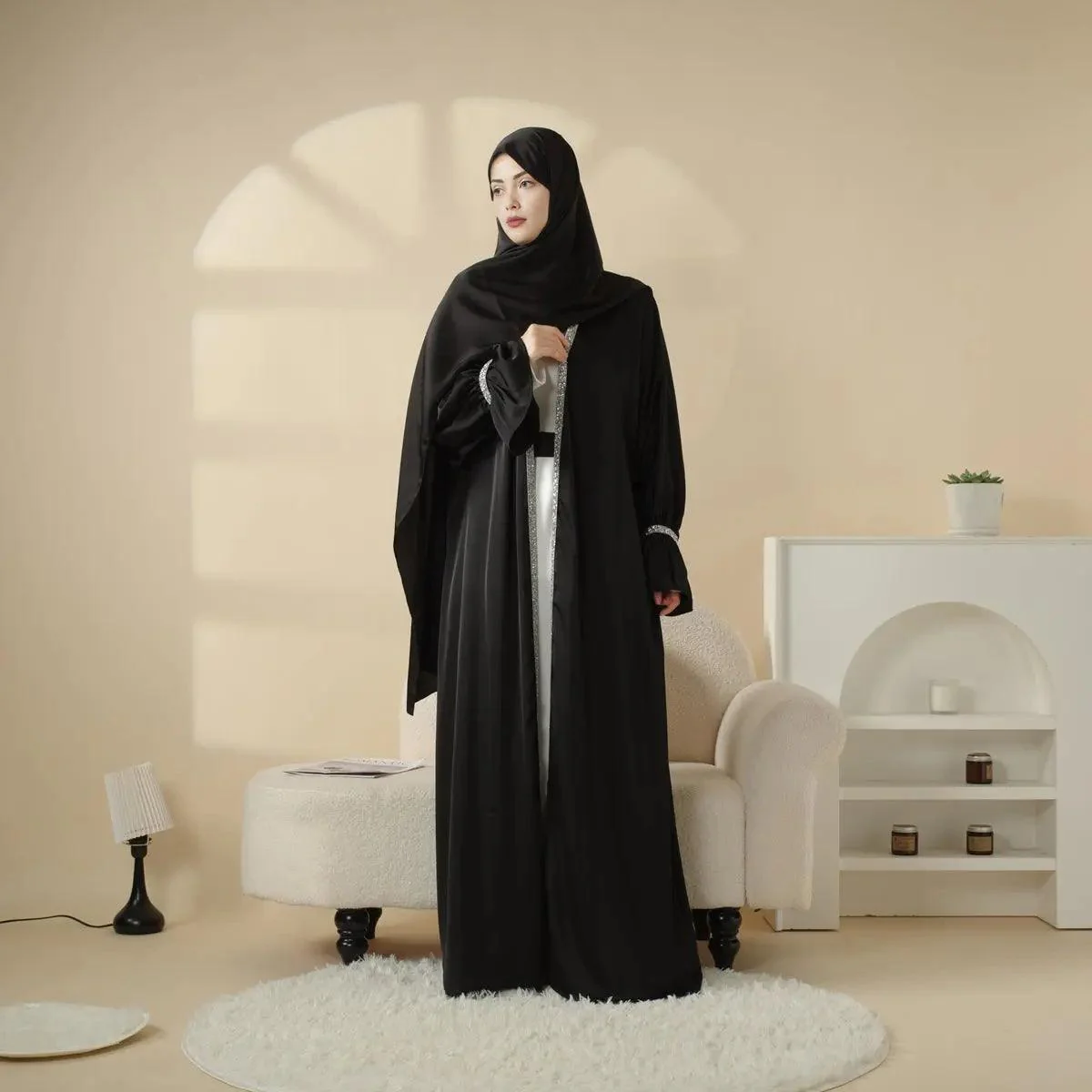 Poet Sleeve Satin Open Abaya With Matching Belt and Hijab (MOA009) - Image 9