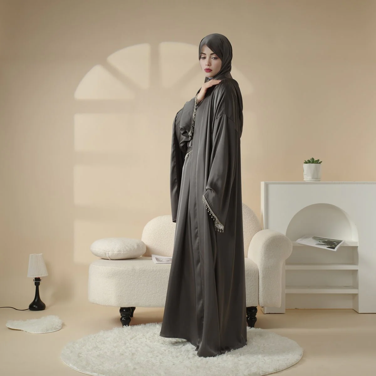 Satin Abaya With Matching Belt Made Of Diamond Tassel (MOA010) - Image 11