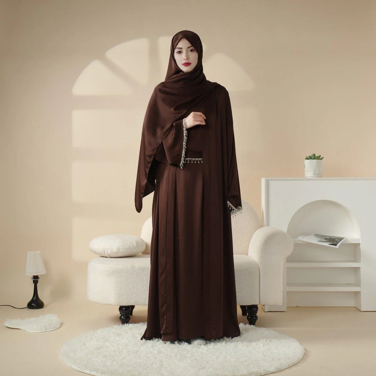 Satin Abaya With Matching Belt Made Of Diamond Tassel (MOA010) - Image 16