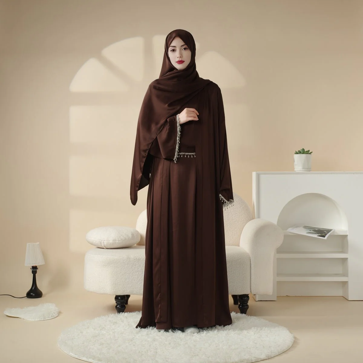 Satin Abaya With Matching Belt Made Of Diamond Tassel (MOA010) - Image 17