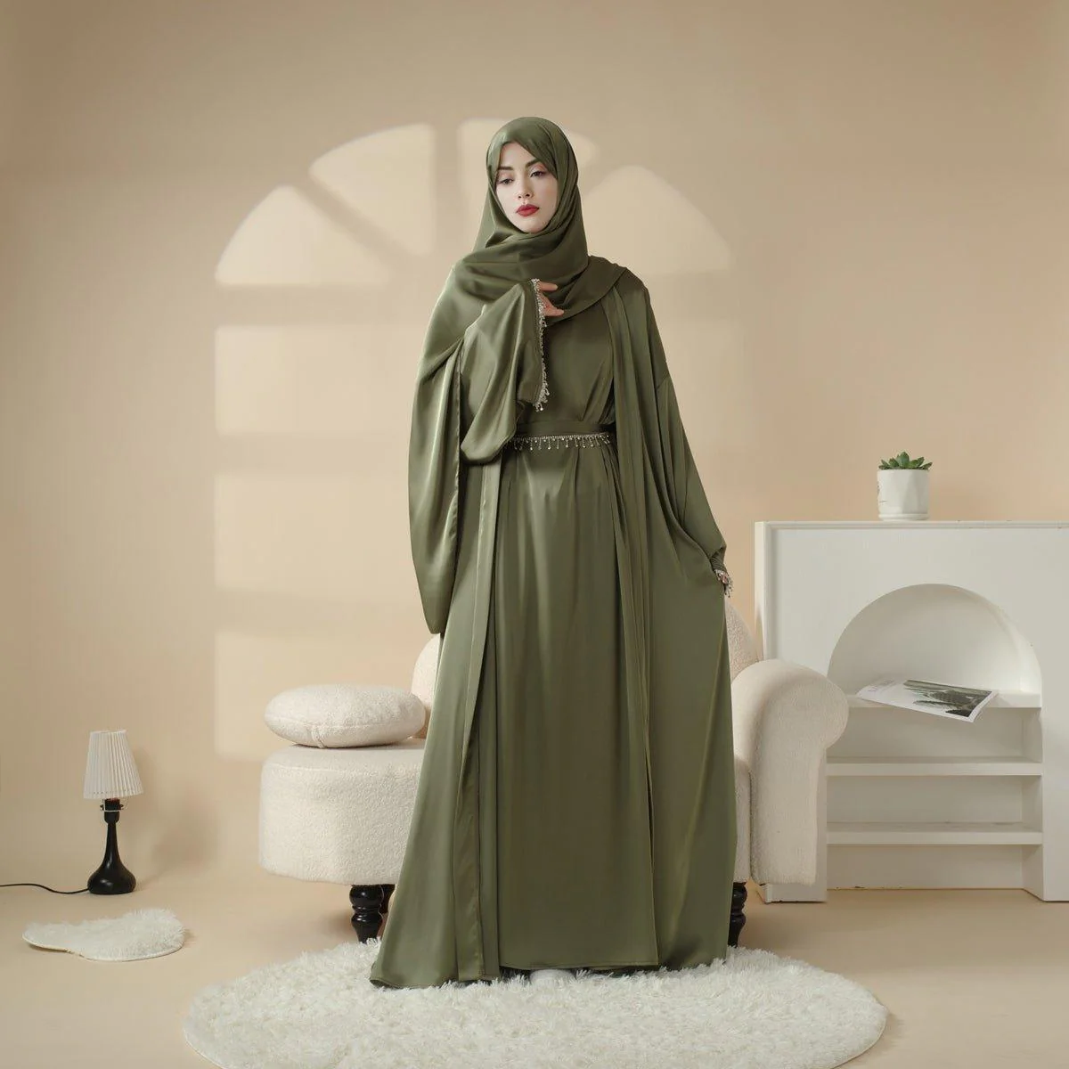 Satin Abaya With Matching Belt Made Of Diamond Tassel (MOA010) - Image 7