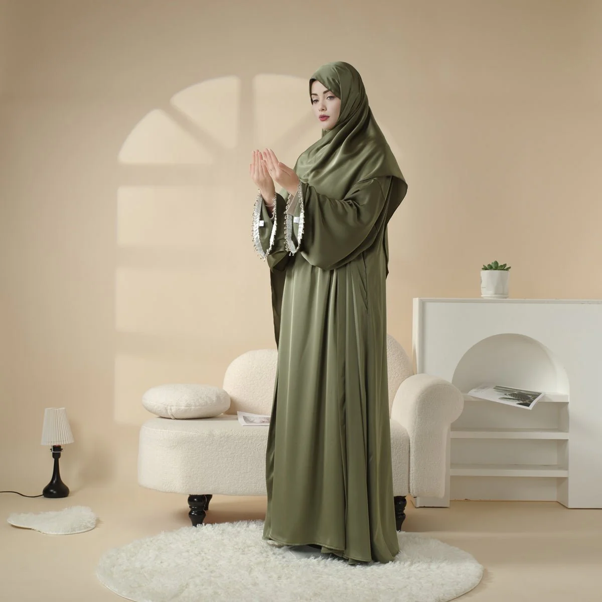 Satin Abaya With Matching Belt Made Of Diamond Tassel (MOA010) - Image 8